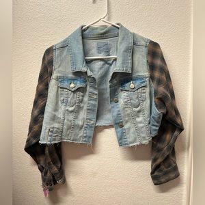 Cropped Jean jacket with flannel plaid sleeves